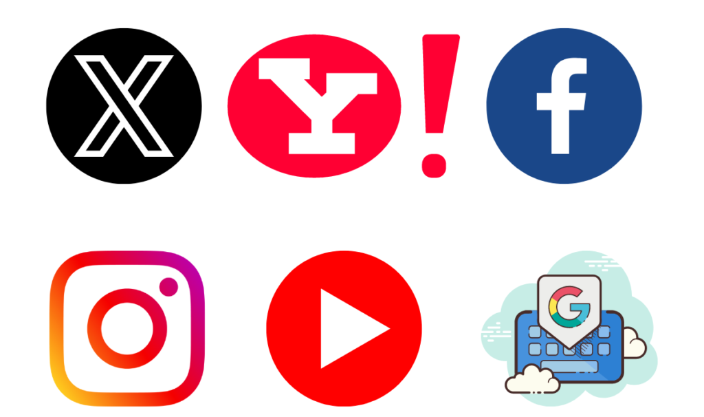X、Yahoo、Facebook、Instagram、YouTube、Google